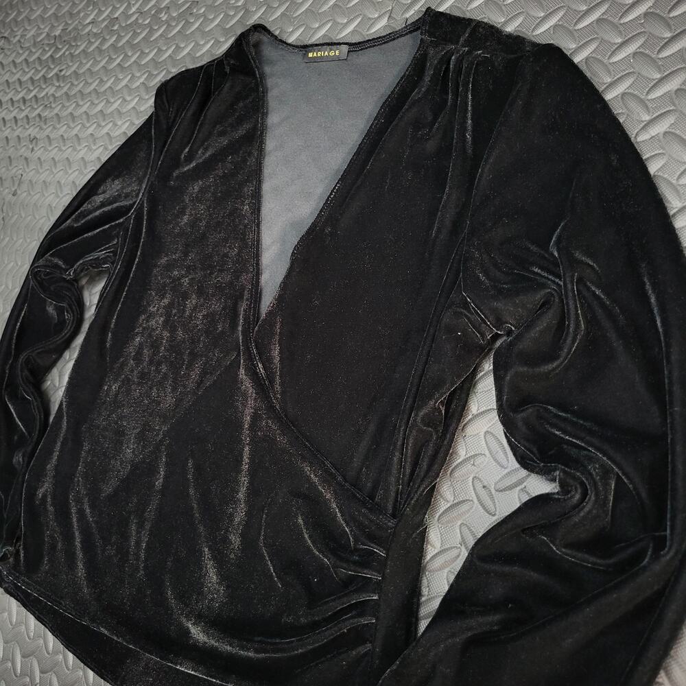 Mariage Black Velvet Wrap Top Womens Long Sleeve Deep V Y2K Going Out Top